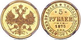 Alexander II gold 5 Roubles 1875 CПБ-HI MS63 NGC, St. Petersburg mint, KM-YB26. Tied for second highest graded with 3 others at NGC. A glossy piece wi...