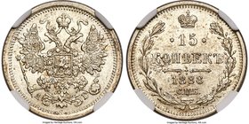 Alexander III 15 Kopecks 1888 CПБ-AГ MS63 NGC, St. Petersburg mint, KM-Y21a.2, Bit-121 (R). Obv. Crowned Imperial eagle with orb and scepter. Rev. Cro...