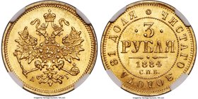 Alexander III gold 3 Roubles 1884 CПБ-AГ MS63+ NGC, St. Petersburg mint, KM-Y26, Bit-13 (R). Obv. Crowned Imperial eagle with orb and scepter. Rev. Da...