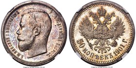 Nicholas II Proof 50 Kopecks 1901-ФЗ PR63 NGC, St. Petersburg mint, KM-Y58.2, Bit-80. Obv. Head of Nicholas II left. Rev. Crowned Imperial eagle with ...