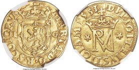 Mary, Queen of Scots (1542-1567) gold 22 Shillings 1553 XF45 NGC, Fr-31, S-5396, Burns-pg. 289, 3. 2.38gm. Variety with pellet above crown. Struck pri...