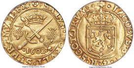James VI (I) gold Sword & Scepter 1602 XF45 PCGS, Edinburgh mint, KM20, S-5460. Obv. Crowned coat-of-arms. Rev. Sword and scepter crossed in saltire; ...