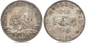 British Colony. Sierra Leone Company silver Dollar 1791 AU Details (Cleaning) PCGS, Soho (Birmingham) mint, KM6, FT1. Plain edge. Lion advancing left....