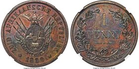 Transvaal. Republic Proof Pattern Penny 1890 PR62 Brown NGC, Brussels mint, KMX-Pn9, Hern-T27. Deeply toned with underlying shades of red and blue.
...