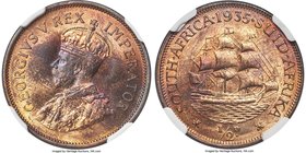 George V 1/2 Penny 1935 MS67 Red and Brown NGC, KM13.3. Bright and sparkling mint luster with peach tones around the edges and a dark area of iridesce...
