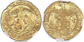 Ferdinand & Isabella gold 2 Excelentes ND (1476-1516) MS63 NGC, Seville mint, Cay-2935. Variety with cross composed of five pellets in the field above...