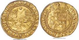 Ferdinand & Isabella (1476-1504) gold 2 Excelentes ND (from 1497) AU58 PCGS, Seville mint, Fr-129, Cay-2933. Excellent surfaces, a slightly wavy flan ...