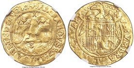 Ferdinand & Isabella gold 2 Excelentes ND (1476-1516)-S XF40 NGC, Seville mint, Cay-2926. 6.93gm. Variety with X in the fields above the monarchs. An ...