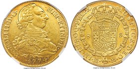 Charles III gold 8 Escudos 1774 M-PJ AU Details (Bent) NGC, Madrid mint, KM409.1. Nice luster underlies the fields and the edges are lightly toned. Th...