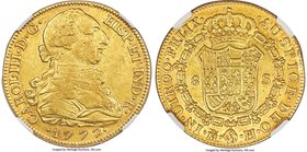 Charles III gold 8 Escudos 1777 M-PJ AU Details (Rim Damage) NGC, Madrid mint, KM409.1. A bright, lemon-gold example with a well-defined strike and go...