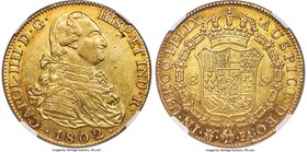 Charles IV gold 8 Escudos 1802 M-FA AU55 NGC, Madrid mint, KM437.1. A scarce date exhibiting a firm strike and good eye-appeal. Saffron gold fields ar...