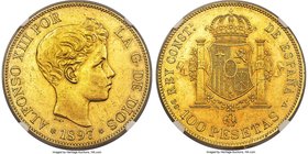 Alfonso XIII gold 100 Pesetas 1897(97) SG-V MS61 NGC, Valencia mint, KM708. Typical marks limit the grade, with attractive gleam in the fields and hin...