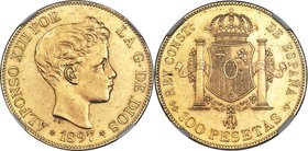 Alfonso XIII 100 Pesetas 1897(97) SG-V MS61 NGC, Valencia mint, KM708, Fr-347. Boldly struck with sunny luster sparkling throughout and a few friction...