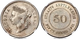 British Colony. Victoria 50 Cents 1901 AU58 NGC, KM13. Obv. Crowned bust of Queen Victoria left. Rev. "50" in beaded circle with date and value below....