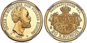 Oscar II gold 20 Kronor 1881-EB MS65 S Prooflike NGC, KM478. A deeply mirrored prooflike example with watery fields and lightly frosted, opaline devic...