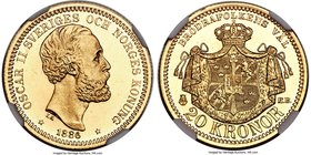 Oscar II gold 20 Kronor 1886-EB MS65 S Prooflike NGC, KM478. Another prooflike example displaying deeply mirrored watery fields with light opaline dev...