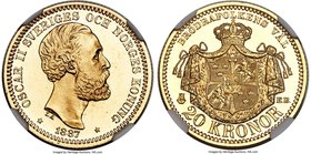 Oscar II gold 20 Kronor 1887-EB MS65 S Prooflike NGC, KM748. Superb frosty devices and blindingly mirrored fields with strong luster. A thoroughly han...