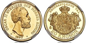 Oscar II gold 20 Kronor 1890-EB MS64 S Prooflike NGC, KM748. Frosted devices stand out from the mirror-like fields on this lovely example. The strike ...