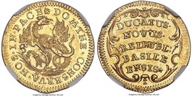 Basel. City gold Ducat ND (1750-1780) MS62 NGC, KM177 var., Fr-48, HMZ-2-94a. Light, original toning and full mint brilliance. A highly interesting ty...