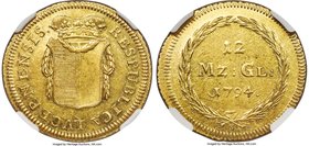 Lucerne. Canton gold 12 Münzgulden (Duplone) 1794-B AU58 NGC, Bern mint, KM86, Fr-325, HMZ-2-647a. Highly lustrous and detailed to a degree that one w...