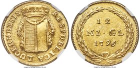 Lucerne. Canton gold 12 Münzgulden (Duplone) 1796 AU58 NGC, KM86, Fr-325, HMZ-2-647b. Flashy golden fields coupled with central features exhibiting an...