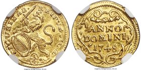 Zurich. Canton gold 1/4 Ducat 1748/5 MS65 NGC, KM138, Fr-488, HMZ-2-1163aa. Lustrous and even bordering on prooflike, this small golden gem expresses ...