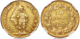 Helvetic Republic gold 16 Franken 1800-B MS62 NGC, Bern mint, KM-A12. A high-luster example of this scarce one-year type. The edges display a soft ton...