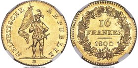 Helvetic Republic gold 16 Franken 1800-B MS61 NGC, Bern mint, KM-A12, Fr-282. Finely struck with strong details and bright, sunny luster. The fields g...
