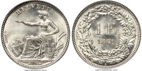 Confederation Franc 1851-A MS65 PCGS, Paris mint, KM9. A coin with shimmering luster, the fields sparkling with an attractive sheen. To the eye the st...