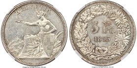 Confederation 5 Francs 1855 MS61 NGC, Bern mint, KMX-S3, HMZ-2-1343a, Richter-1117a. With a mintage of just 3,000 pieces, this exceptional near-gem pa...