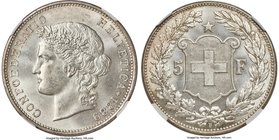 Confederation 5 Francs 1889-B MS64 NGC, Bern mint, KM34, HMZ-2-1198b. Exceptionally well-rendered and wholly brilliant, both the fields and devices fr...