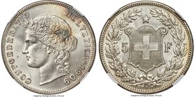 Confederation 5 Francs 1909-B MS65+ NGC, Bern mint, KM34. Full cartwheel luster and expressive detail make this specimen a covetable one for the serio...