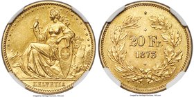 Confederation gold Pattern 20 Francs 1873 MS61 NGC, KM-Pn24. The fields sparkle with satiny luster when the coin is tilted in the light, exhibiting a ...