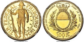 Confederation gold "Fribourg Shooting Festival" 100 Francs 1934-B MS66+ NGC, Bern mint, KMX-S19, Fr-505. Mintage: 2,000. Struck to commemorate the sho...