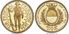 Confederation gold "Fribourg Shooting Festival" 100 Francs 1934-B MS66 PCGS, Bern mint, KMX-S19, Fr-505. Mintage: 2,000. Fully Proof with shimmering l...