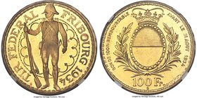 Confederation gold "Fribourg Shooting Festival" 100 Francs 1934-B MS66 NGC, Bern mint, KMX-S19, Fr-505. Mintage: 2,000. A scarce commemorative of exce...