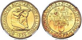 Confederation gold "Lucerne Shooting Festival" 100 Francs 1939-B MS65 NGC, KMX-S21. Fully brilliant and demonstrating superior preservation for the ty...