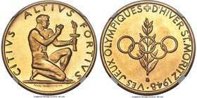 Confederation gold "5th Winter Olympics - St. Moritz" Medal 1948-B MS65 NGC, Bern mint, KM-Unl. 33mm. 27gm. By E. Wiederkehr. Obv. Male kneeling right...