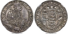 Sigismund Bathory Taler 1595 AU55 NGC, Dav-8804, Resch-198. Obv. Armored half-length portrait of Sigismund right, holding scepter. Rev. Crowned arms w...