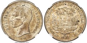 Republic 2 Bolivares 1887 AU Details (Cleaned) NGC, Paris mint, KM-Y23. Well struck and lightly toned, and despite having been cleaned, significant lu...