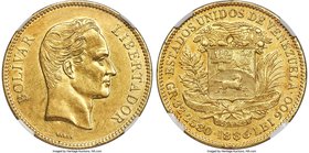 Republic gold 100 Bolivares 1886-(c) AU55 NGC, Caracas mint, KM-Y34. "86 Apart" variety. Very attractive and well struck, with a light rose-gold tonin...