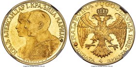 Alexander I gold Countermarked 4 Ducats 1932-(k) MS61 NGC, Belgrade mint, KM14.2, Fr-4. Corn countermark. A sun-gold specimen featuring the jugate bus...