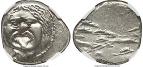 ETRURIA. Populonia. Ca. 3rd century BC. AR 20 asses (22mm, 8.32 gm). NGC AU 4/5 - 5/5. Head of Metus facing as Gorgoneion, tongue protruding; X : X (m...
