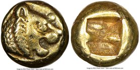 LYDIAN KINGDOM. Alyattes or Walwet (ca. 610-546 BC). EL 1/12 stater or hemihecte (8mm, 1.17 gm). NGC XF 5/5 - 3/5. Sardes mint. Head of roaring lion r...