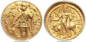 INDIA. Kushan Empire. Vasudeva I (ca. AD 190-230). AV dinar (24mm, 12h). ANACS AU 58. Main Bactrian mint (probably Balkh), late phase. PAONANOPAO B-AZ...