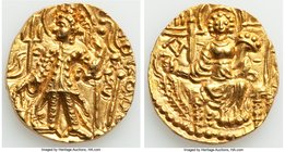 INDIA. Kushan Empire. Vasudeva II (ca. AD 267-300). AV dinar (19mm, 7.76 gm, 12h), MS. Main mint, Mathura/Gandhara. Vasudeva standing facing, nimbate ...