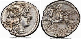 P. Maenius Antiaticus (ca. 132 BC). AR denarius (20mm, 3.95 gm, 7h). NGC MS 5/5 - 4/5, flan flaw. Rome. Head of Roma right, wearing winged helmet surm...