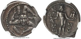 L. Lentulus and C. Marcellus (49 BC). AR denarius (19mm, 3.77 gm, 4h). NGC Choice VF 4/5 - 5/5. Apollonia, summer 49 BC. Triskeles with head of Medusa...