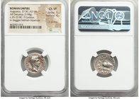 Augustus (27 BC-AD 14). AR denarius (19mm, 3.98 gm, 9h). NGC Choice VF 5/5 - 4/5, lt. graffito. Spain, Emerita, ca. 25-23 BC, P. Carisius, as moneyer....