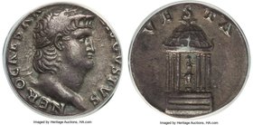 Nero (AD 54-68). AR denarius (17mm, 5h). ANACS EF 45. Rome, ca. AD 65-66. NERO CAESAR-AVGVSTVS, laureate head of Nero right / VESTA, hexastyle temple ...